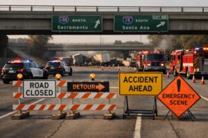 Emergency vehicles and road closure barriers on a highway after a truck accident, with overpass and signage in view