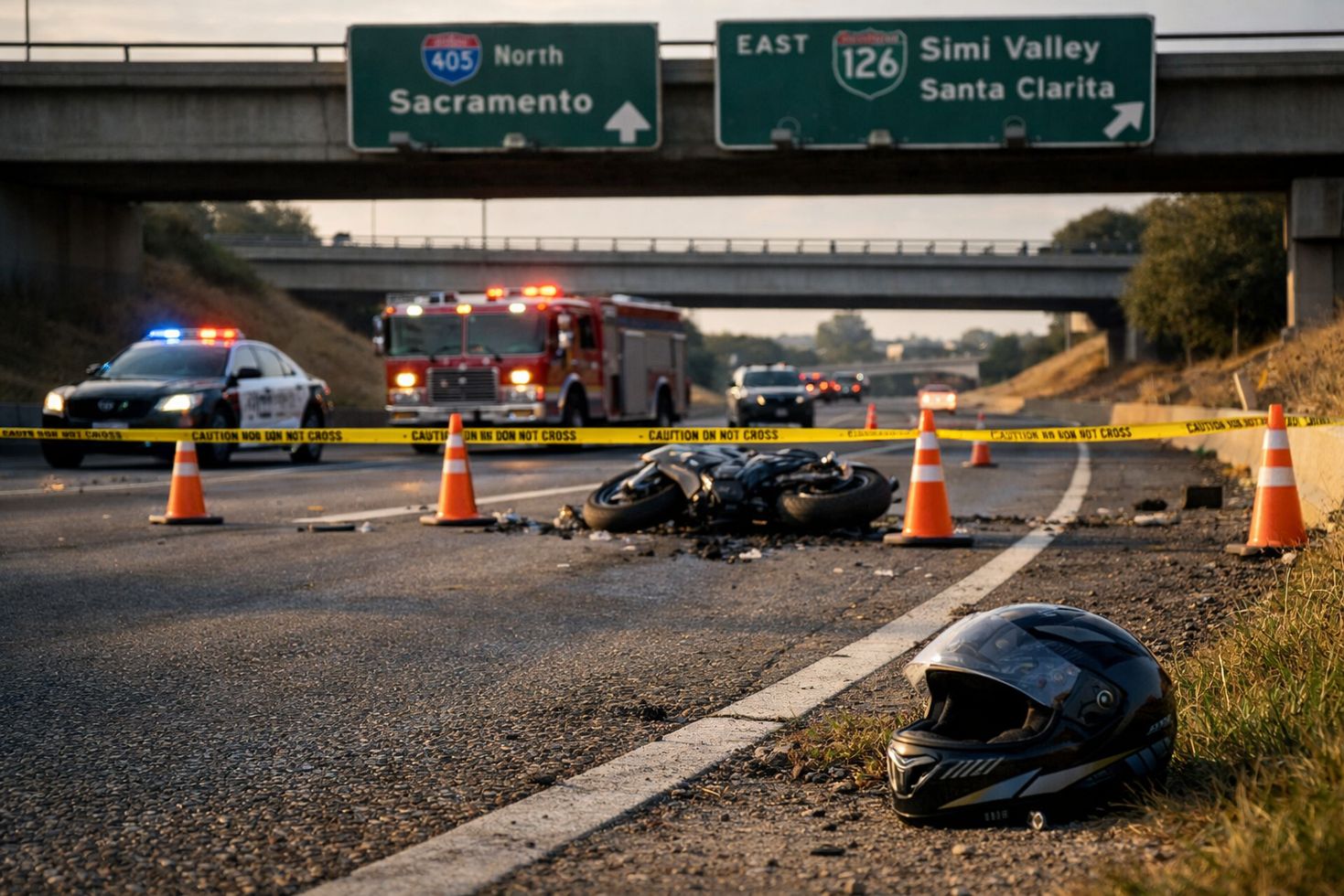 Motorcycle accident scene with emergency vehicles, road closure signs, and a helmet on the highway under natural lighting
