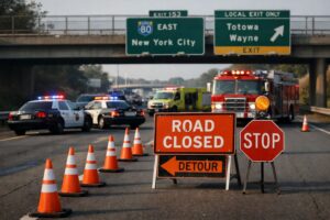 Emergency vehicles and road closure signs on a highway after a car accident, with overpass and road signage visible
