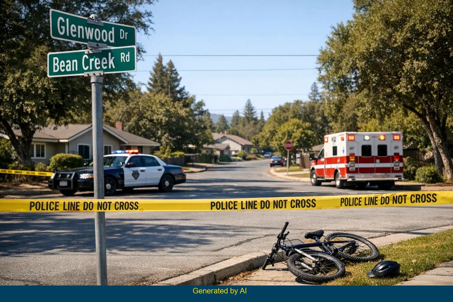 Police car, ambulance, and bicycle at Glenwood Drive and Bean Creek Road accident scene