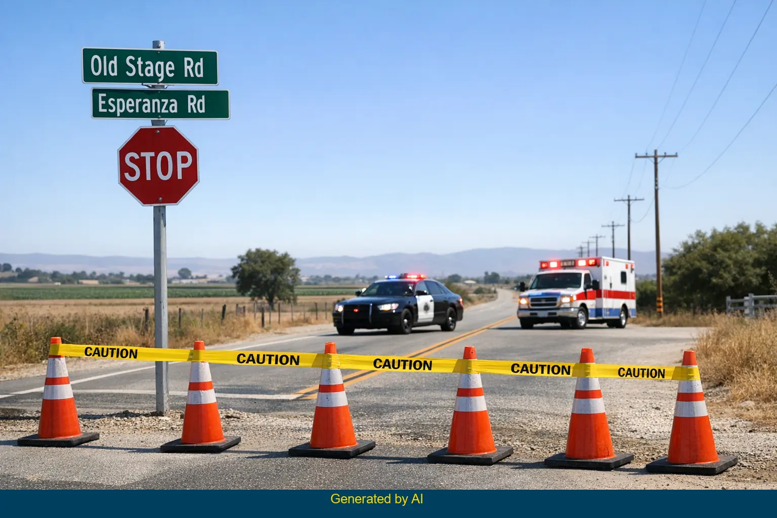 Emergency vehicles and road closure at Old Stage Road and Esperanza Road after bicyclist accident