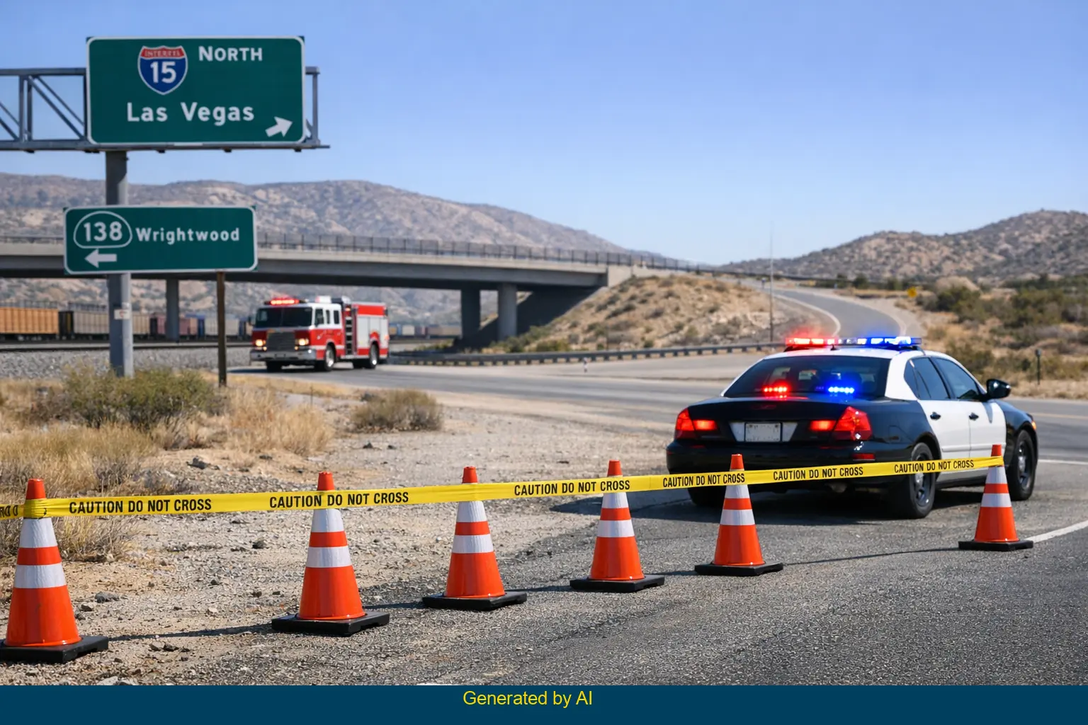Police cruiser and fire truck respond near train tracks by SR-138 on-ramp in Baldy Mesa