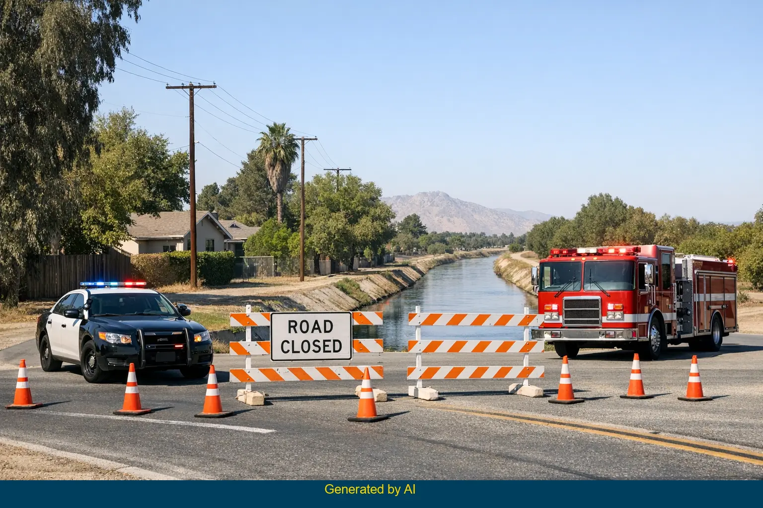 Emergency vehicles and road closure near Maple Canal following a vehicle accident in Kern County