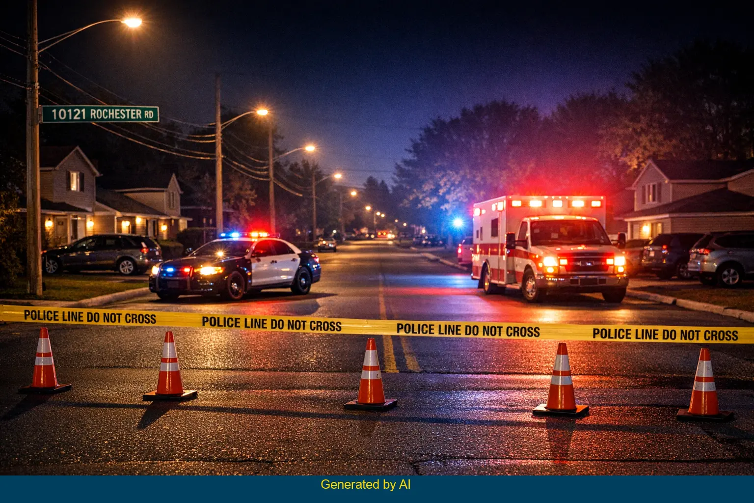 Emergency vehicles and police tape block Rochester Road at night after sedan accident in residential area