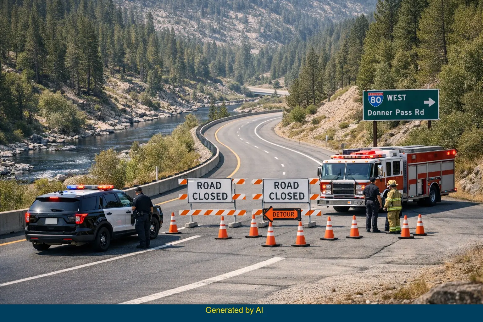 Emergency vehicles block I-80 West Donner Pass Road off-ramp near Truckee after big-rig crash