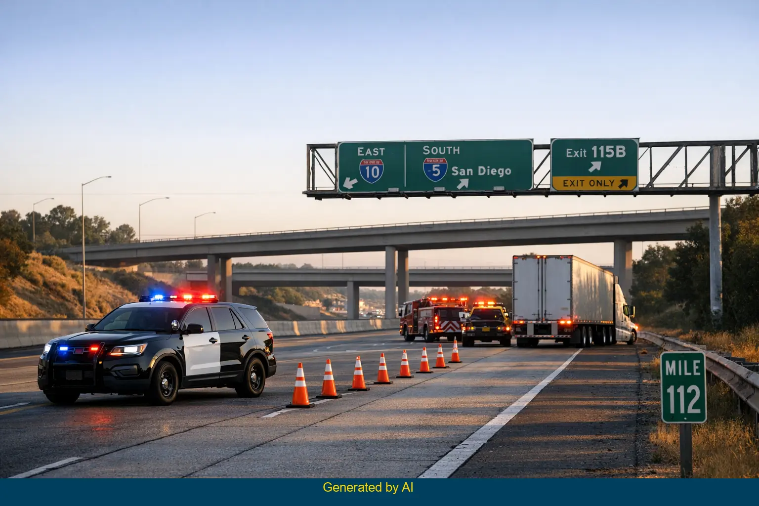 Freeway lane closure after big-rig and SUV collision near mile marker 112 in California