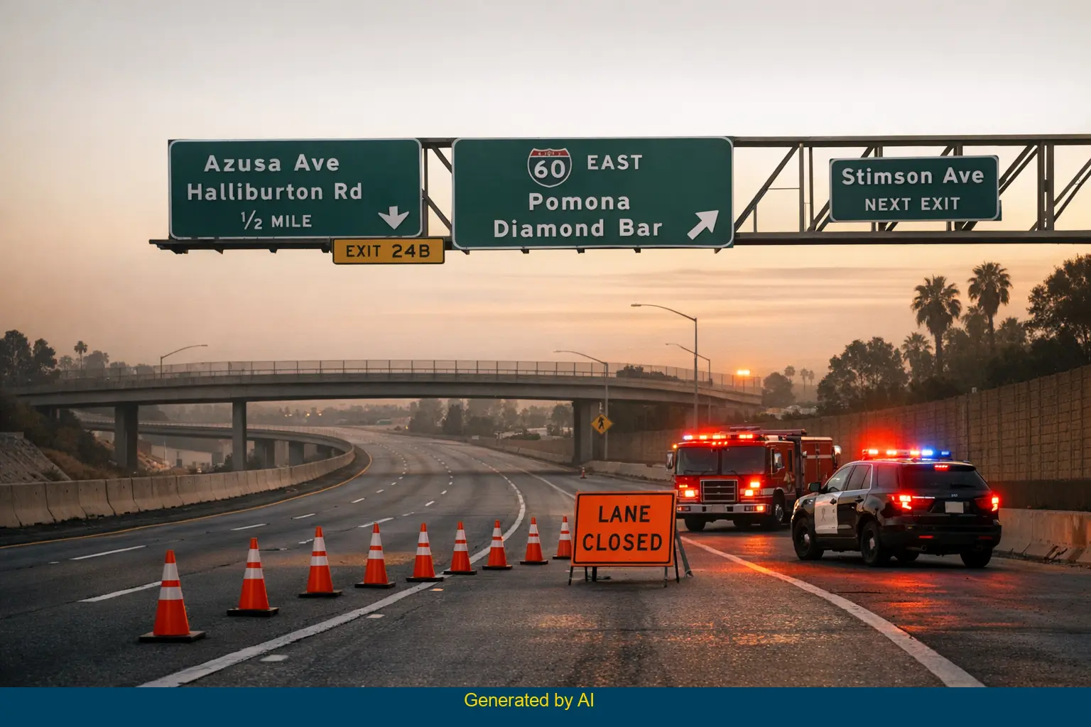 Emergency vehicles and road closure on State Route 60 near Azusa Avenue after fatal bus fire