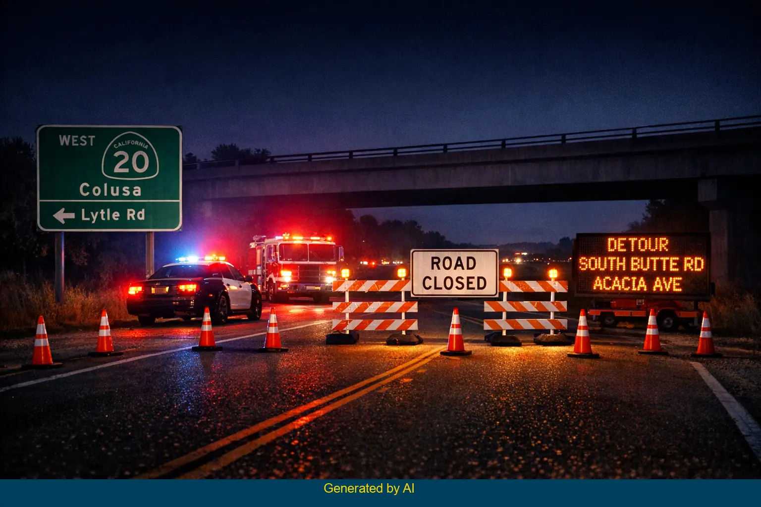 Emergency vehicles with flashing lights respond to a nighttime car crash near SR-20 and Lytle Road