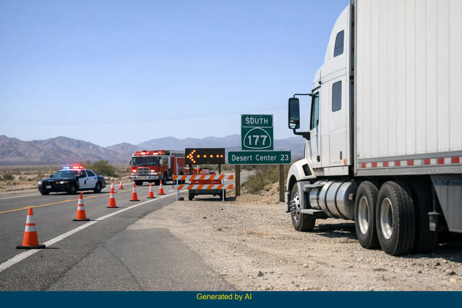 Emergency vehicles and big rig on State Route 177 shoulder after fatal crash near desert landscape