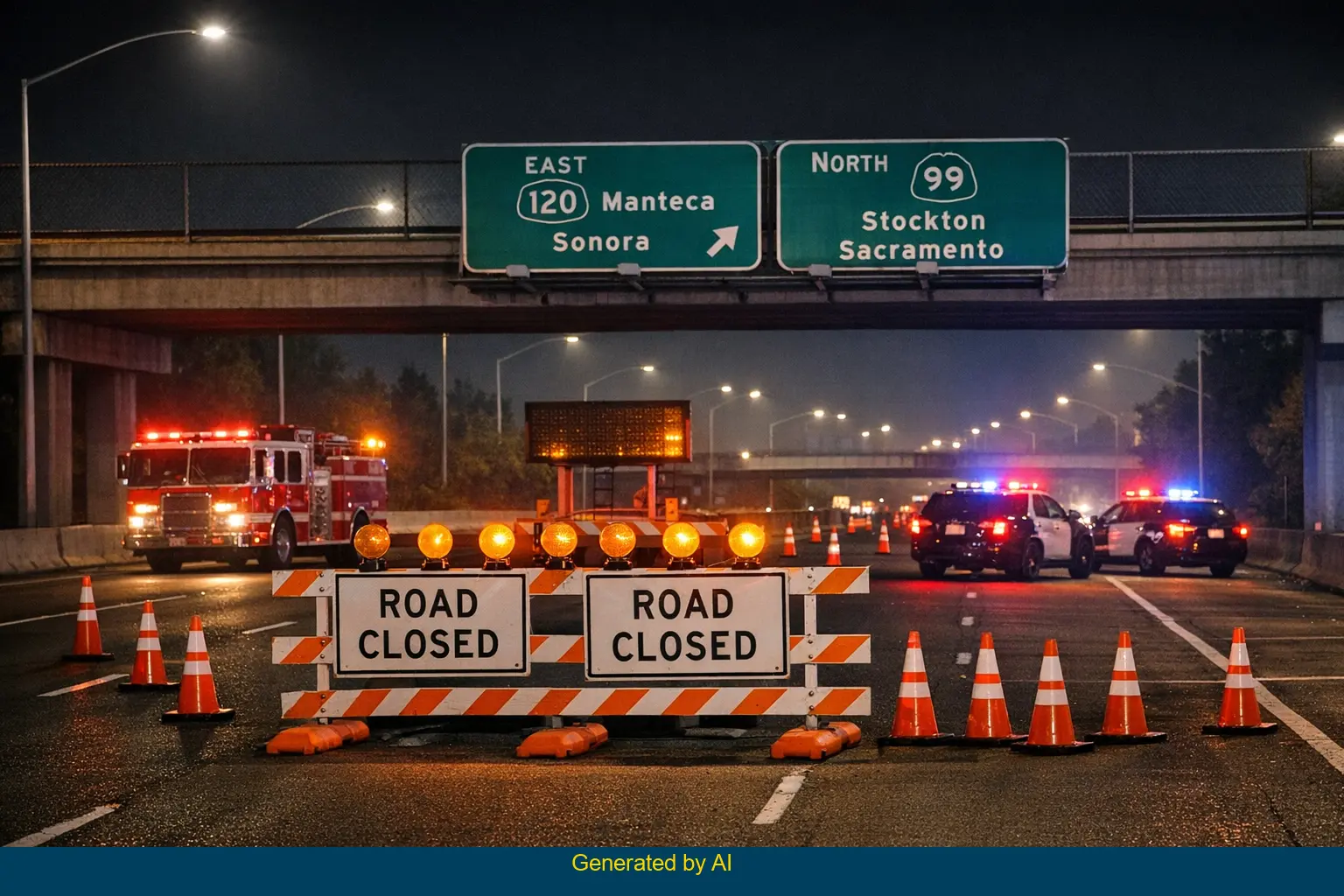 Emergency vehicles with flashing lights respond to a nighttime big rig and work truck crash on SR-99 near SR-120, with road closure barriers in place.
