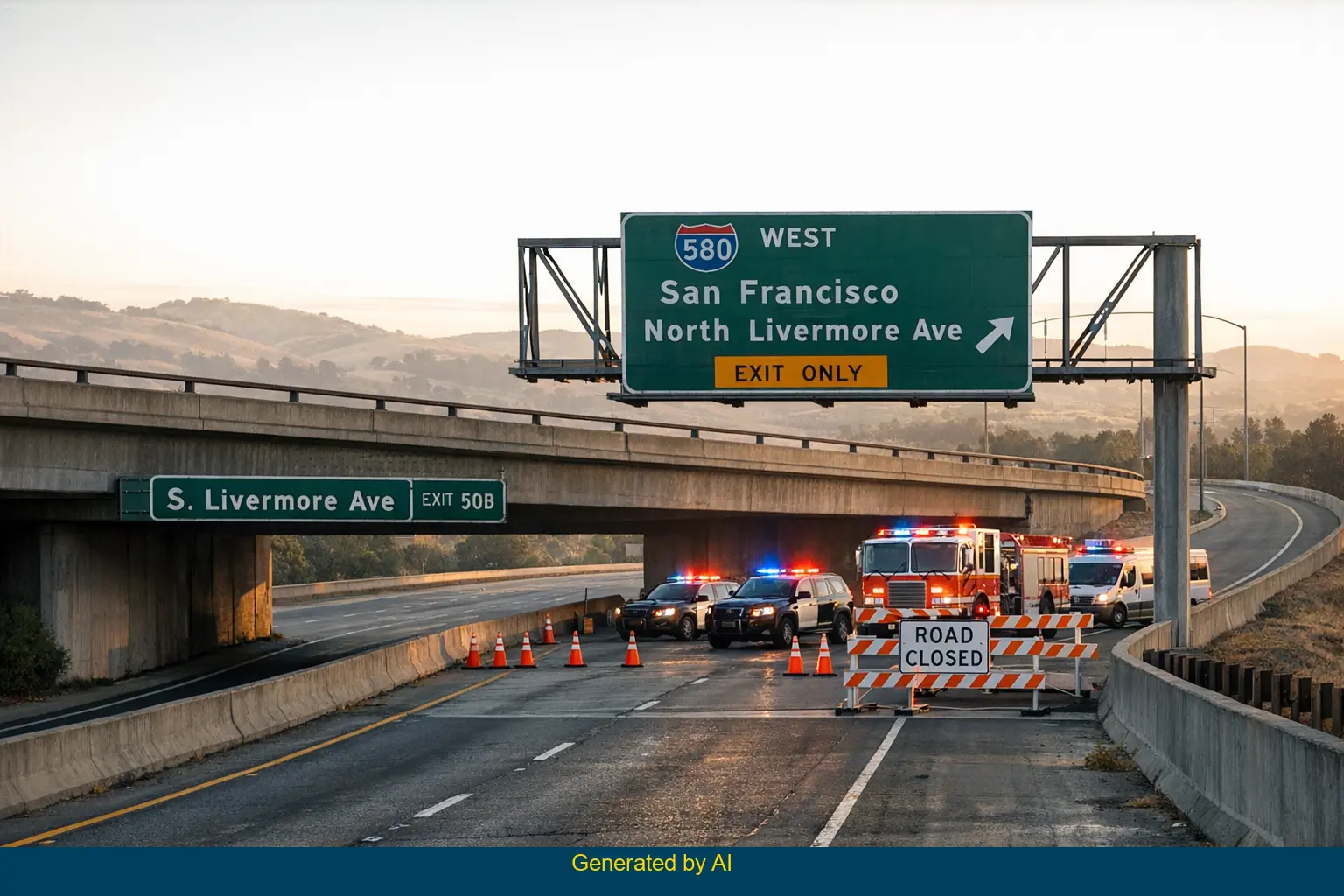Emergency vehicles and road closure at early morning freeway accident scene on I-580 in Livermore