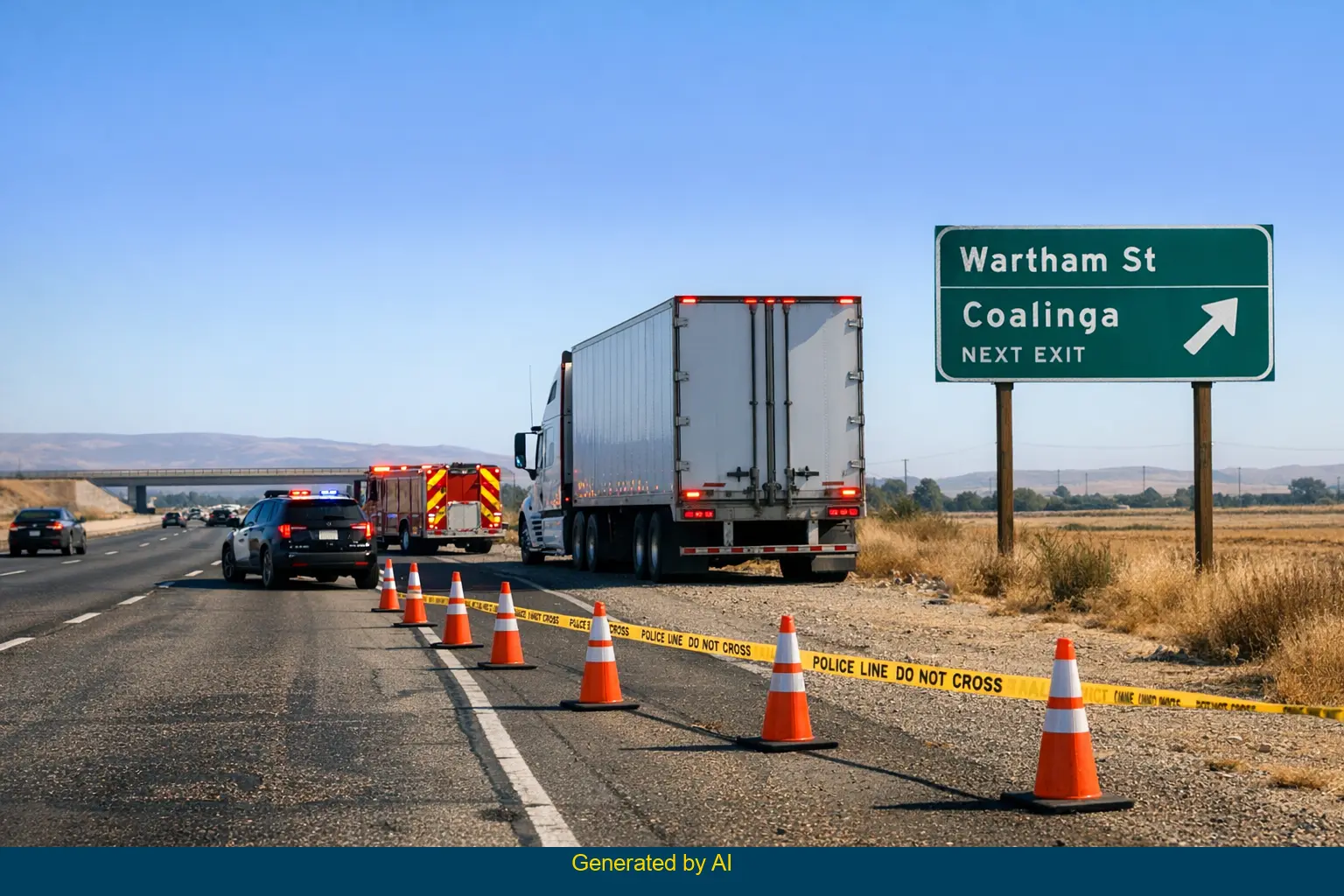 Emergency vehicles and traffic cones secure SR 198 crash scene near Wartham Street in Coalinga