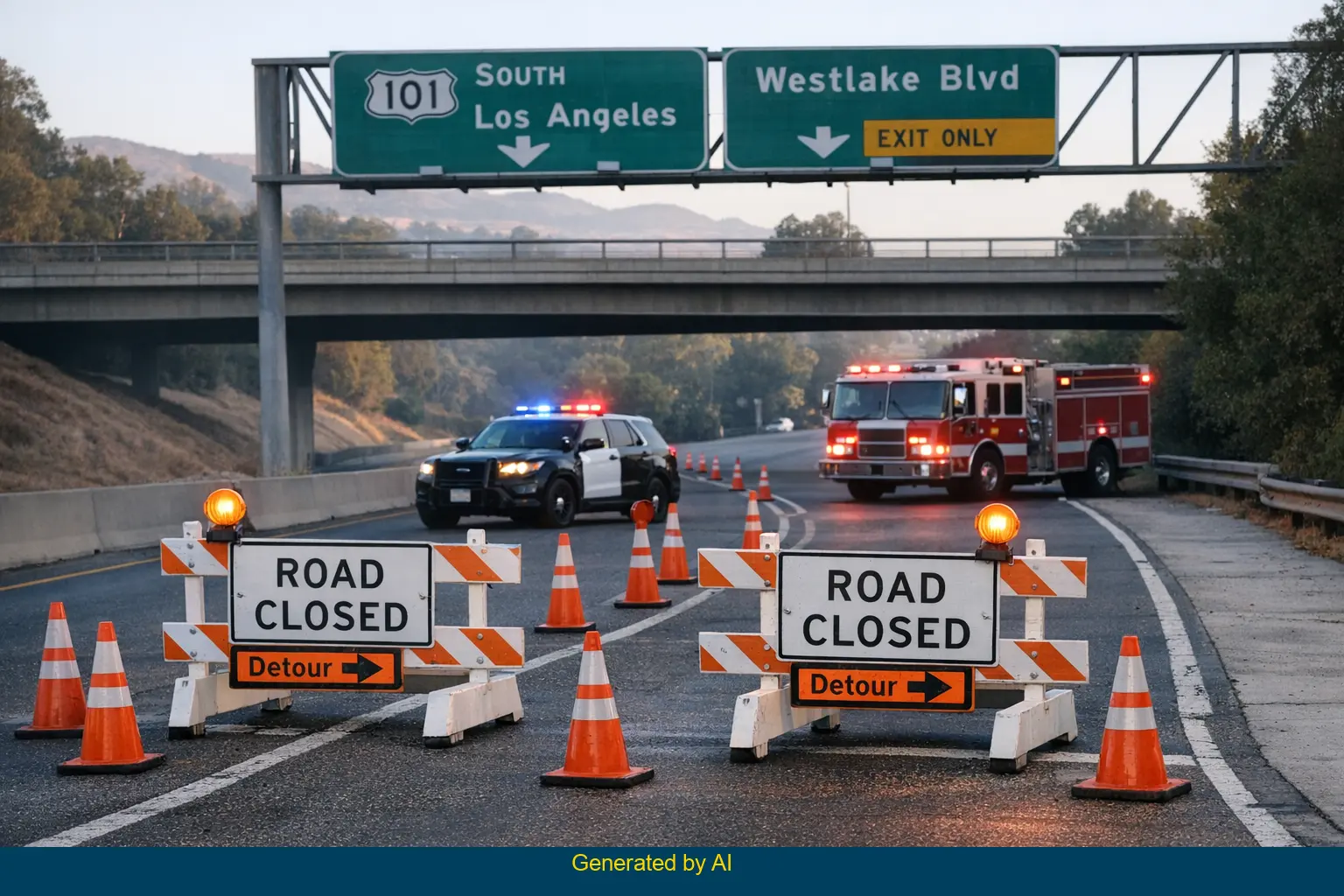 US 101 southbound off-ramp at Westlake Boulevard closed with police and fire vehicles after fatal crash