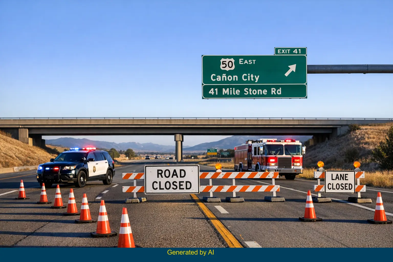 Emergency vehicles and traffic cones block lanes on US 50 after a fatal crash near 41 Mile Stone Road