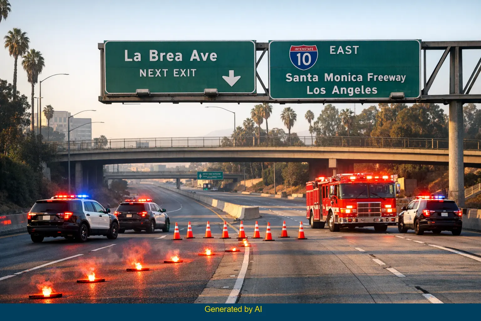 Emergency vehicles and road closure on I-10 eastbound near La Brea Avenue after hit-and-run crash