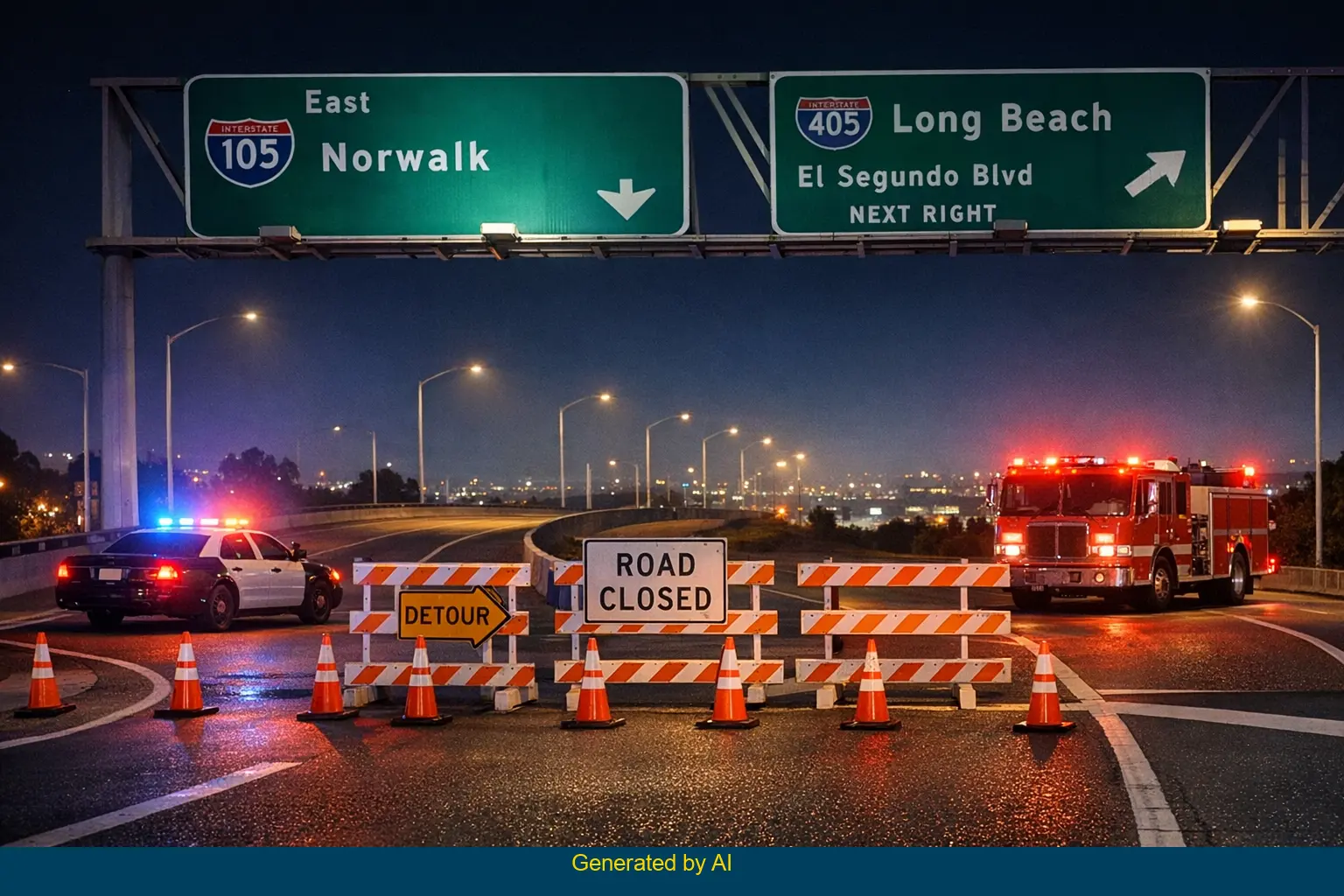 Nighttime emergency response blocks eastbound I-105 on-ramp at Imperial Highway in El Segundo after fatal incident