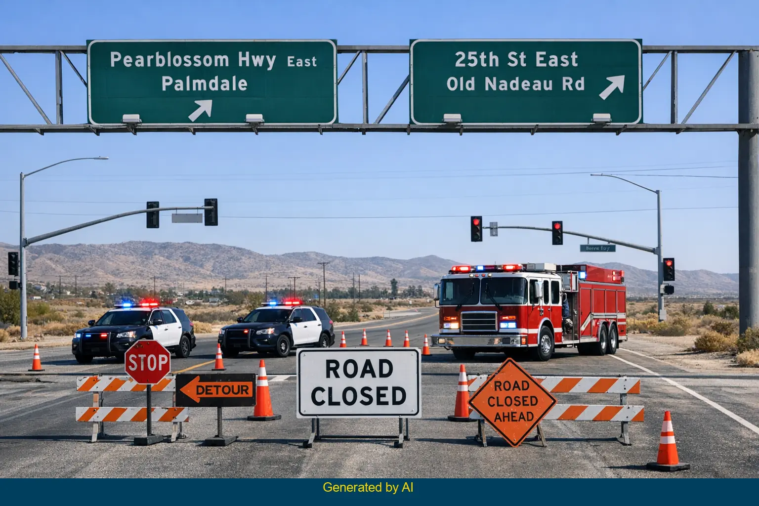 Emergency vehicles and road closure on Pearblossom Highway after Palmdale accident