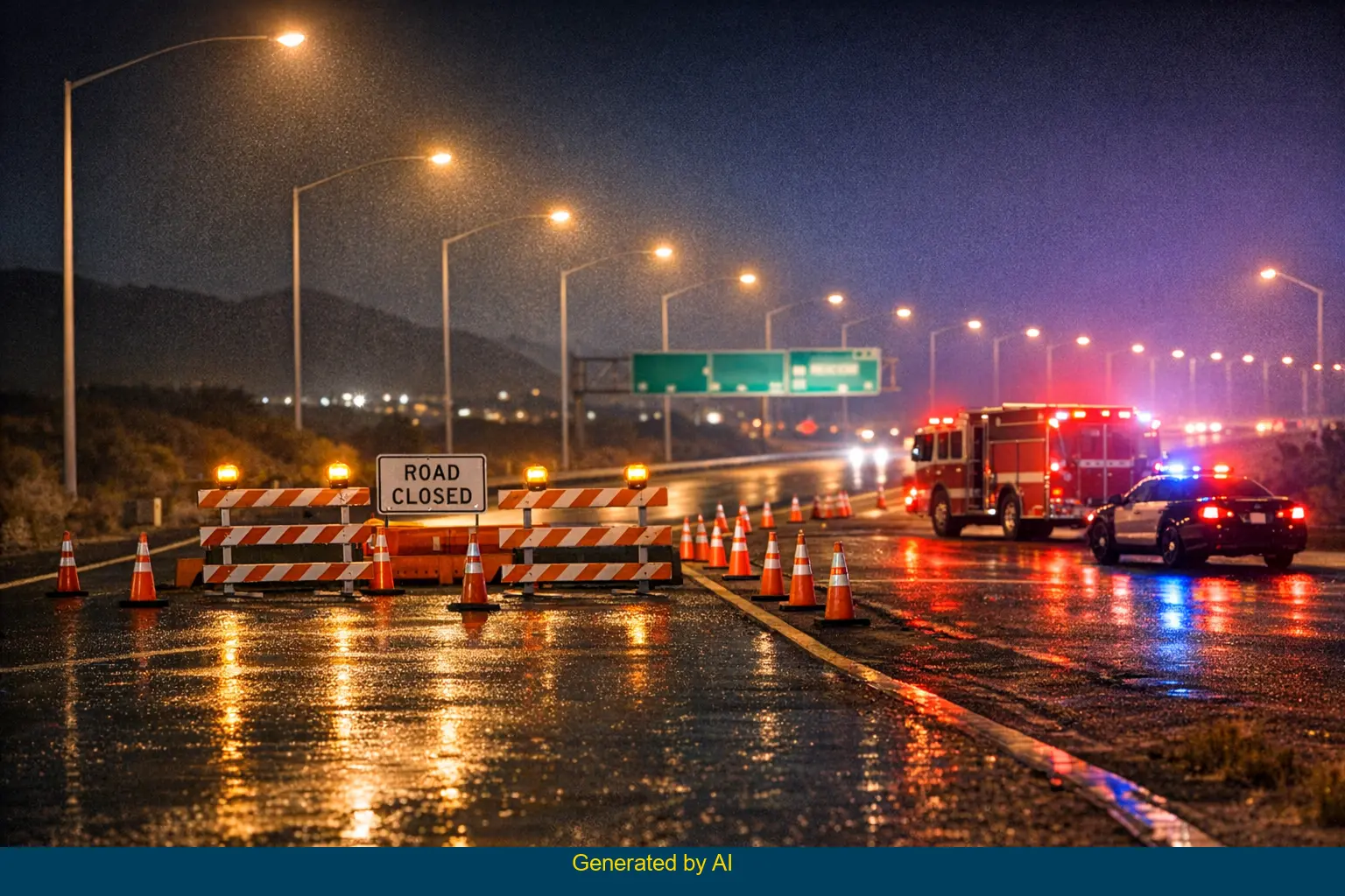 Emergency vehicles and road closure on southbound I-15 at Field Road off-ramp at night