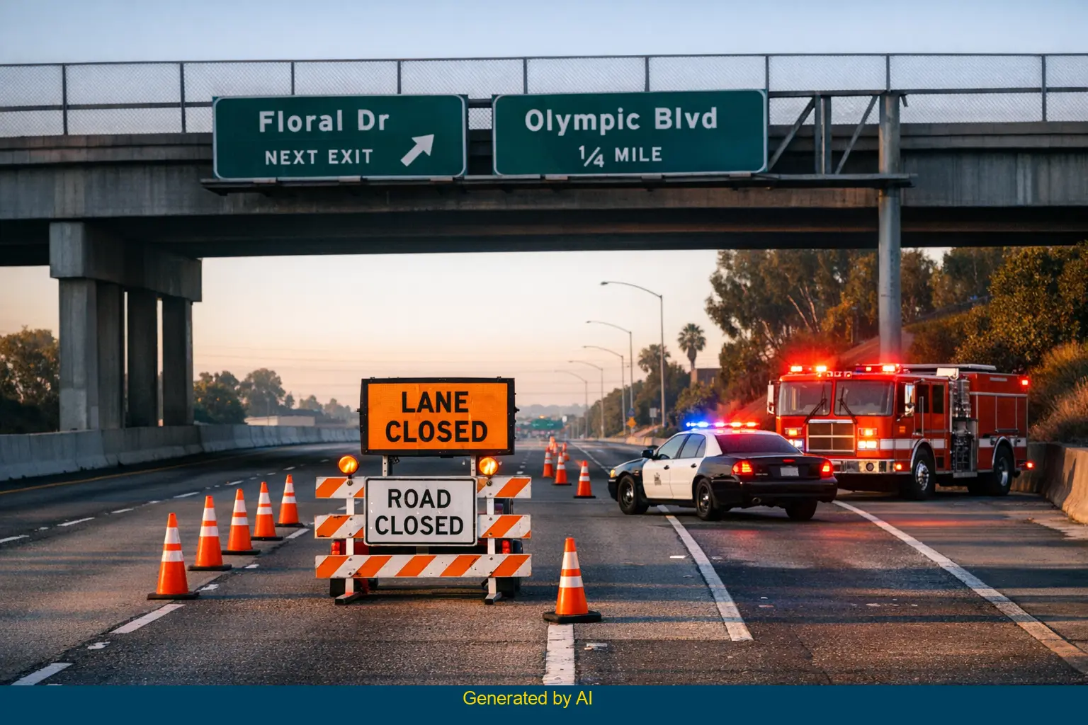 Emergency vehicles and lane closure on southbound I-710 near Floral Drive after fatal incident at dawn