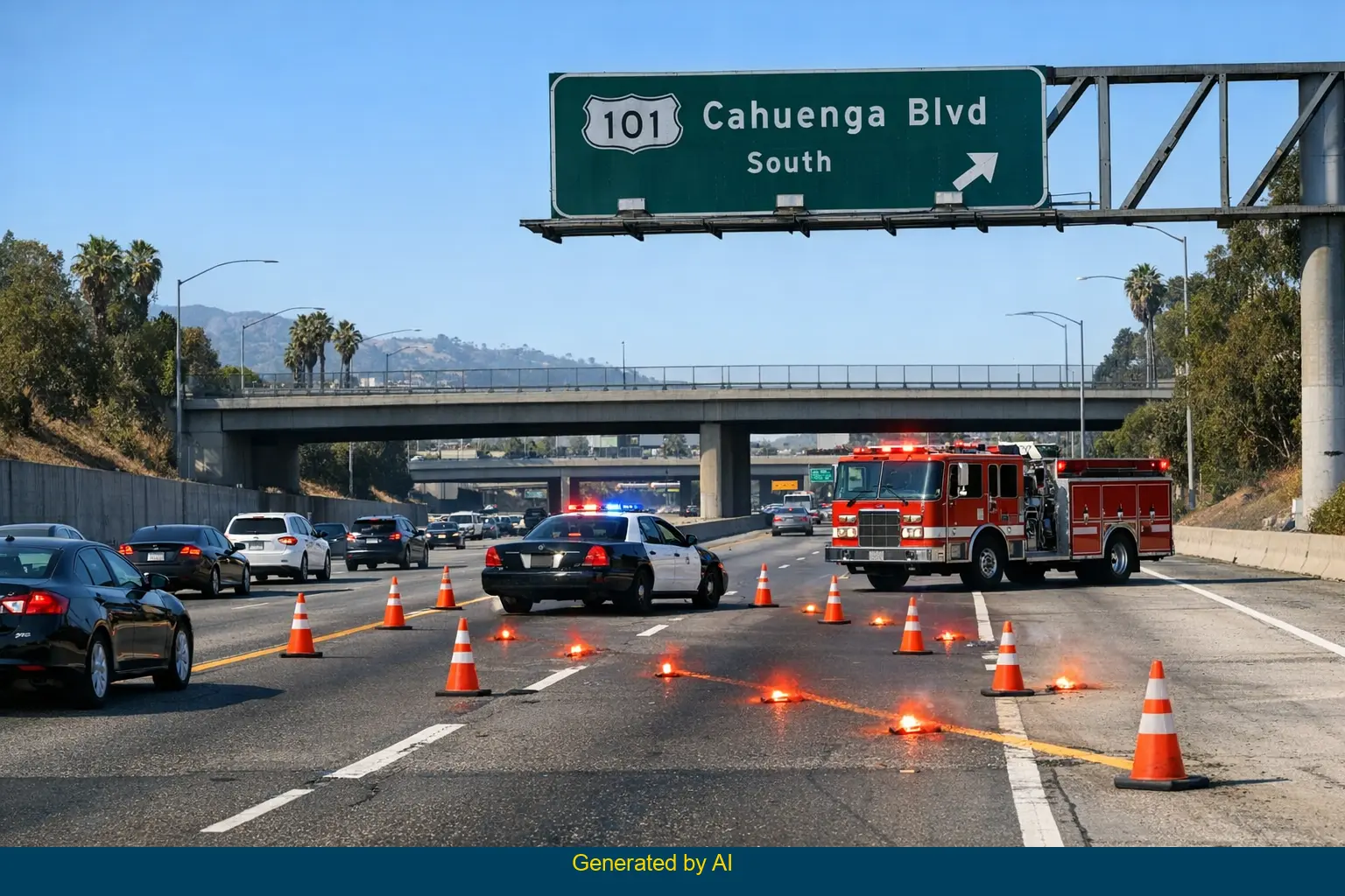 Emergency vehicles and traffic cones block southbound US 101 at Cahuenga Boulevard off-ramp during accident response in Los Angeles