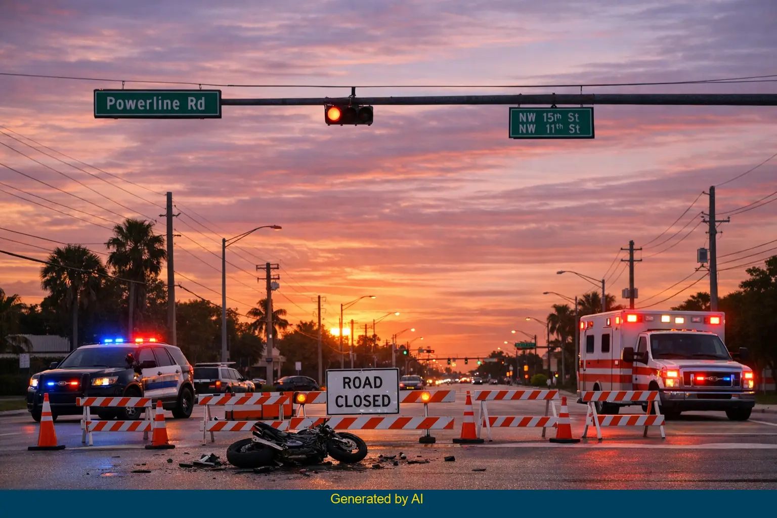 Emergency vehicles and barricades block intersection after motorcycle and SUV crash near Powerline Road at sunset