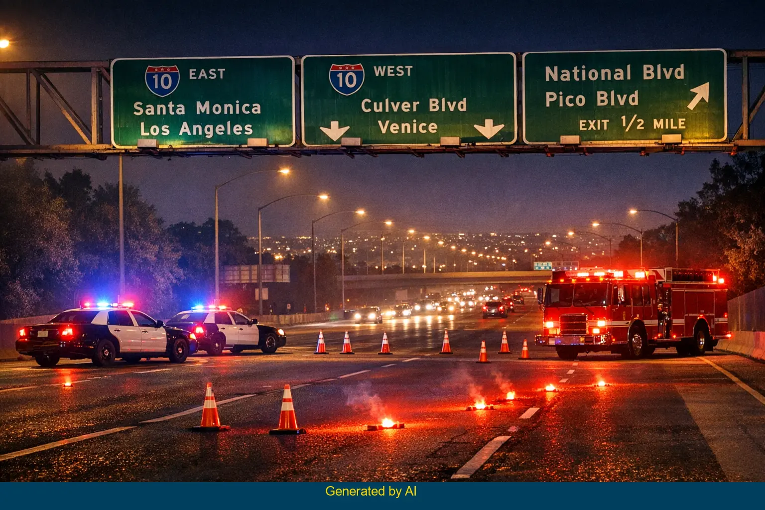 Emergency vehicles and police respond to a nighttime crash scene on I-405 south near Palms Boulevard