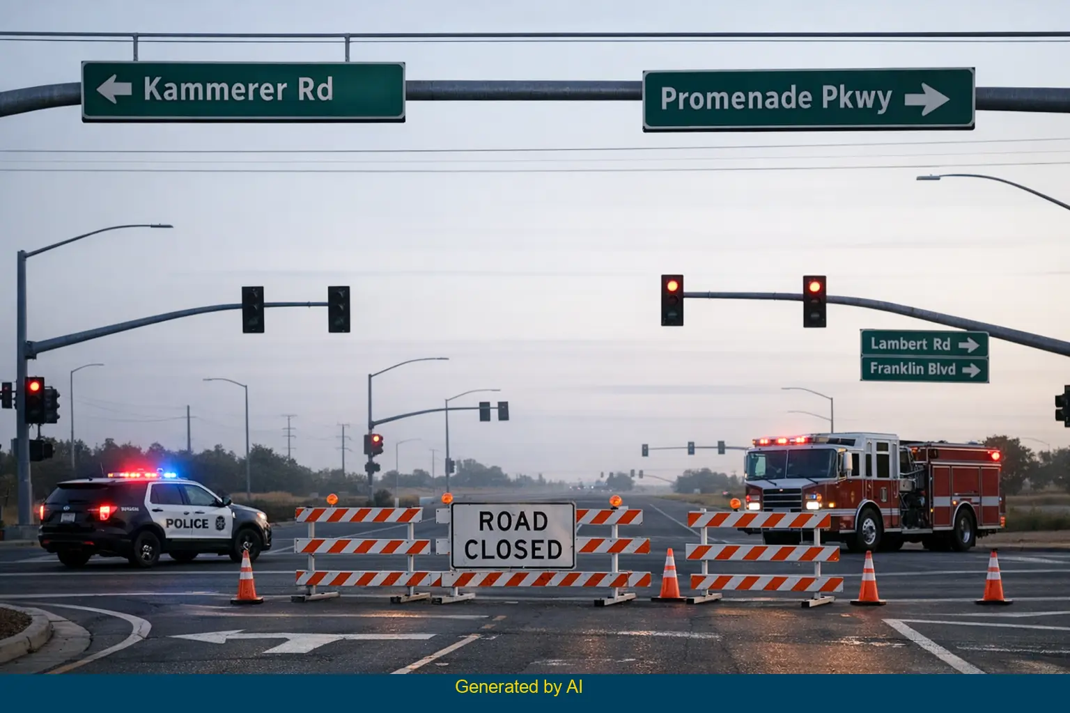 Emergency vehicles and road closure at Kammerer Road and Promenade Parkway after multi-vehicle collision in Elk Grove
