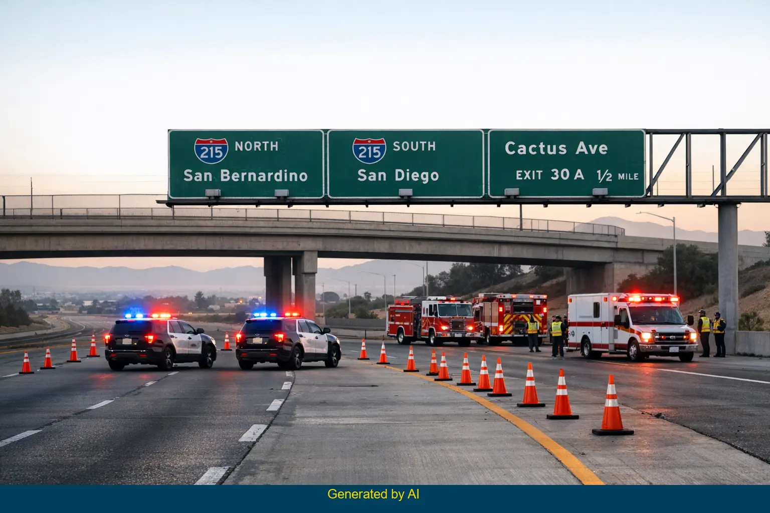 Emergency vehicles and police block lanes on I-215 near Cactus Avenue after a multi-vehicle crash