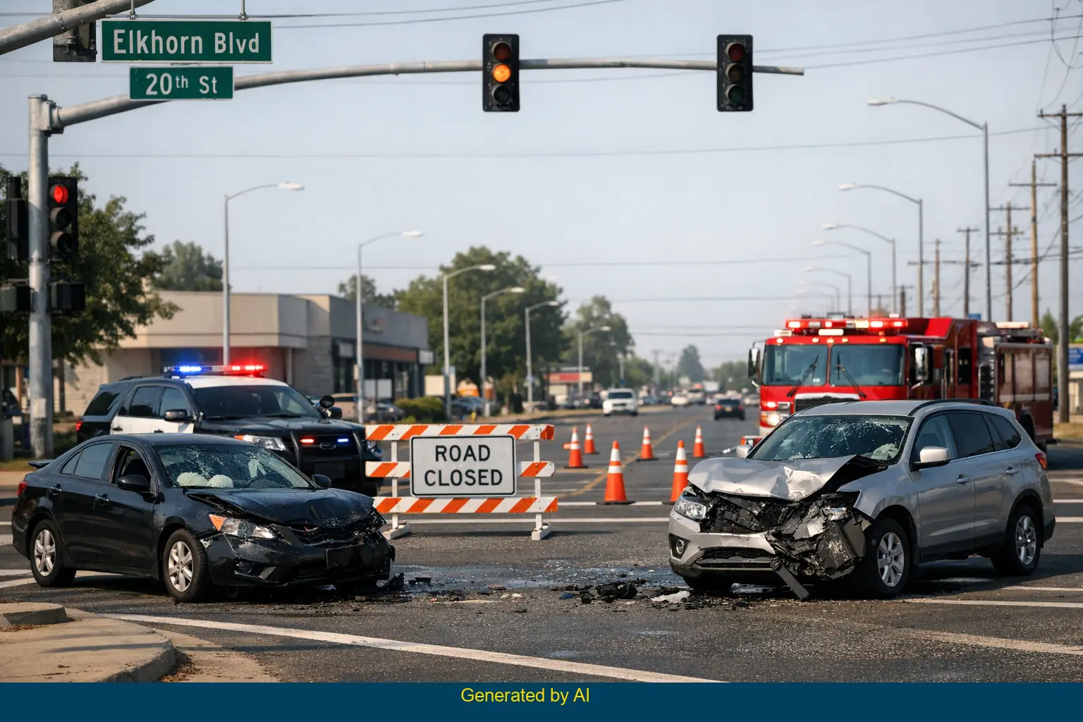 Emergency vehicles block Elkhorn Boulevard at 20th Street after a multi-vehicle crash during daylight