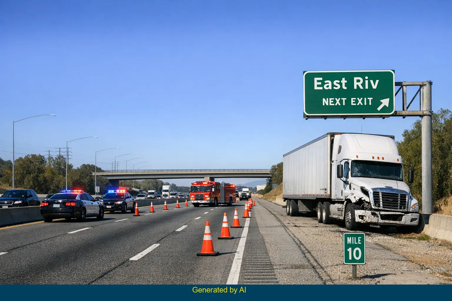 Emergency vehicles and semi-truck on freeway R94 near mile marker 10 after overturned big rig crash