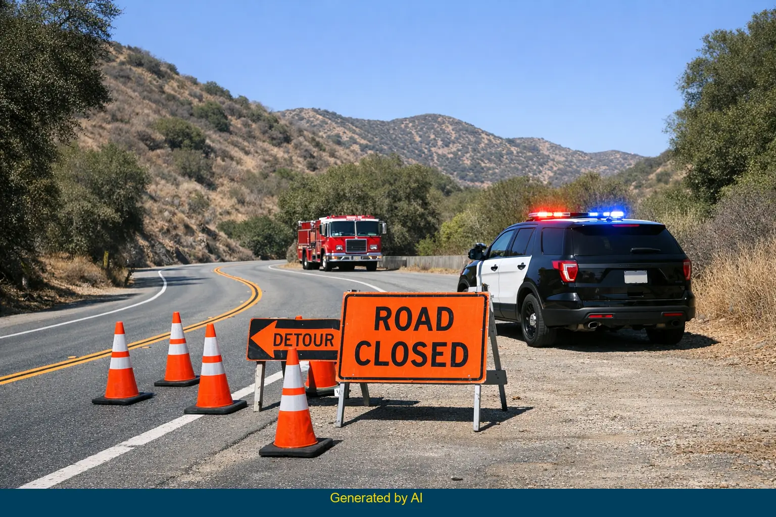 Emergency vehicles and road closure on Trabuco Canyon Road after rollover crash under clear skies