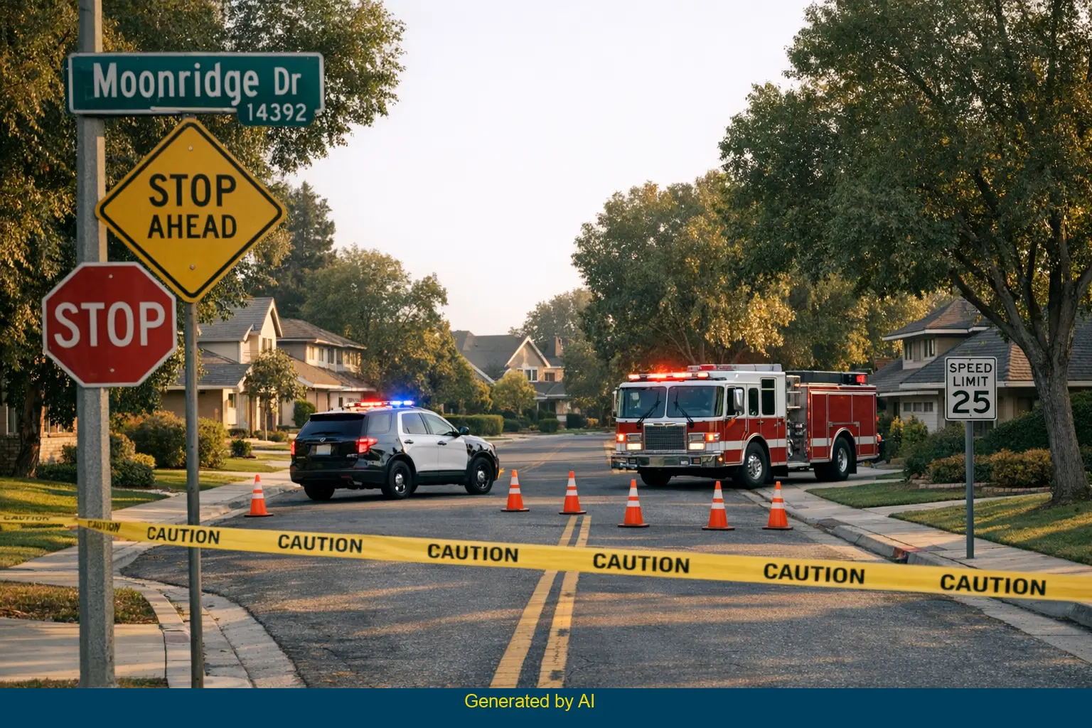 Police car and fire truck block off 14392 Moonridge Drive after a fatal Honda Civic crash