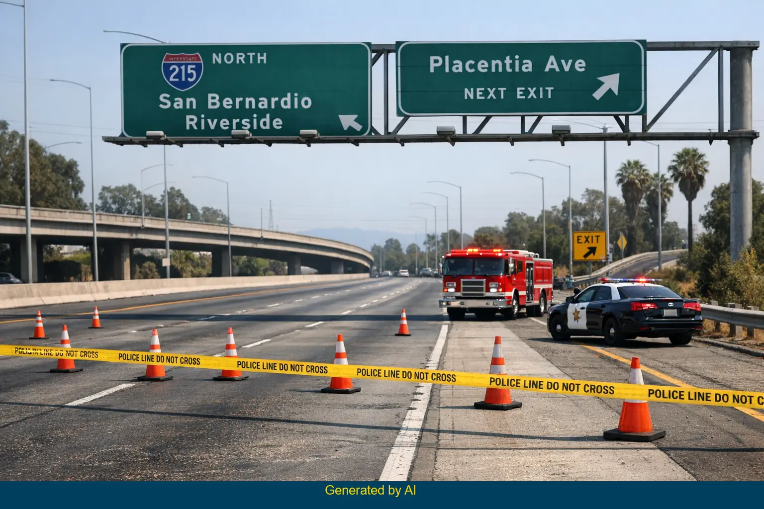 Emergency vehicles and police tape block I-215 near Placentia Avenue after fatal rollover crash
