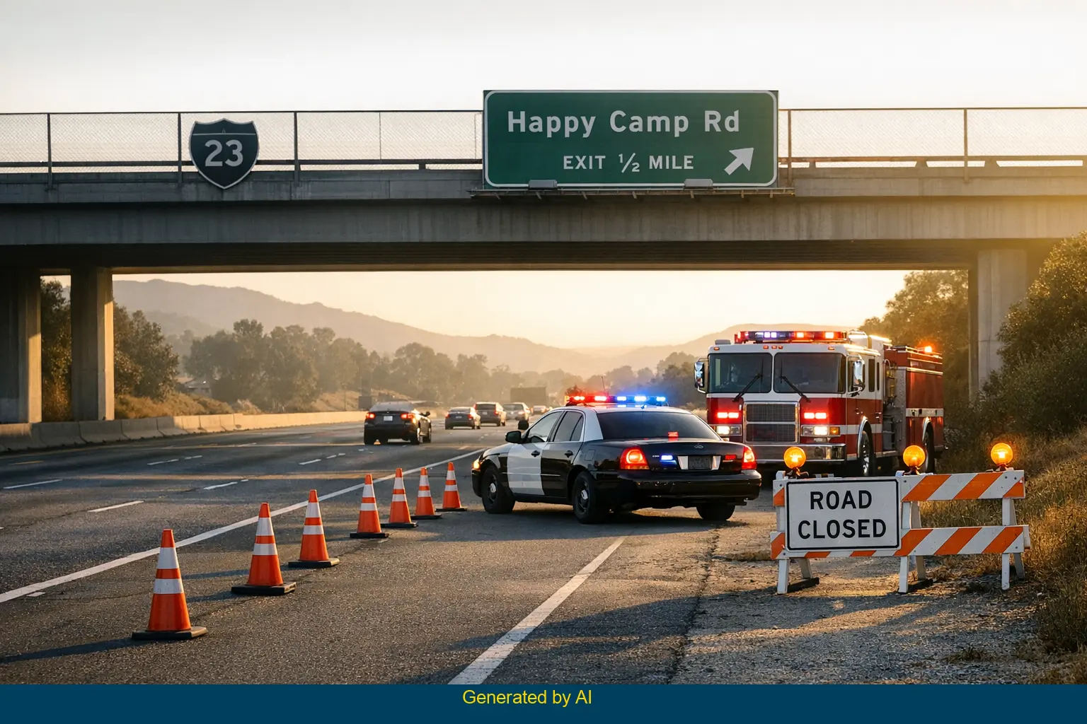 Emergency vehicles and traffic cones block SR-23 shoulder near Happy Camp Road after solo-vehicle crash