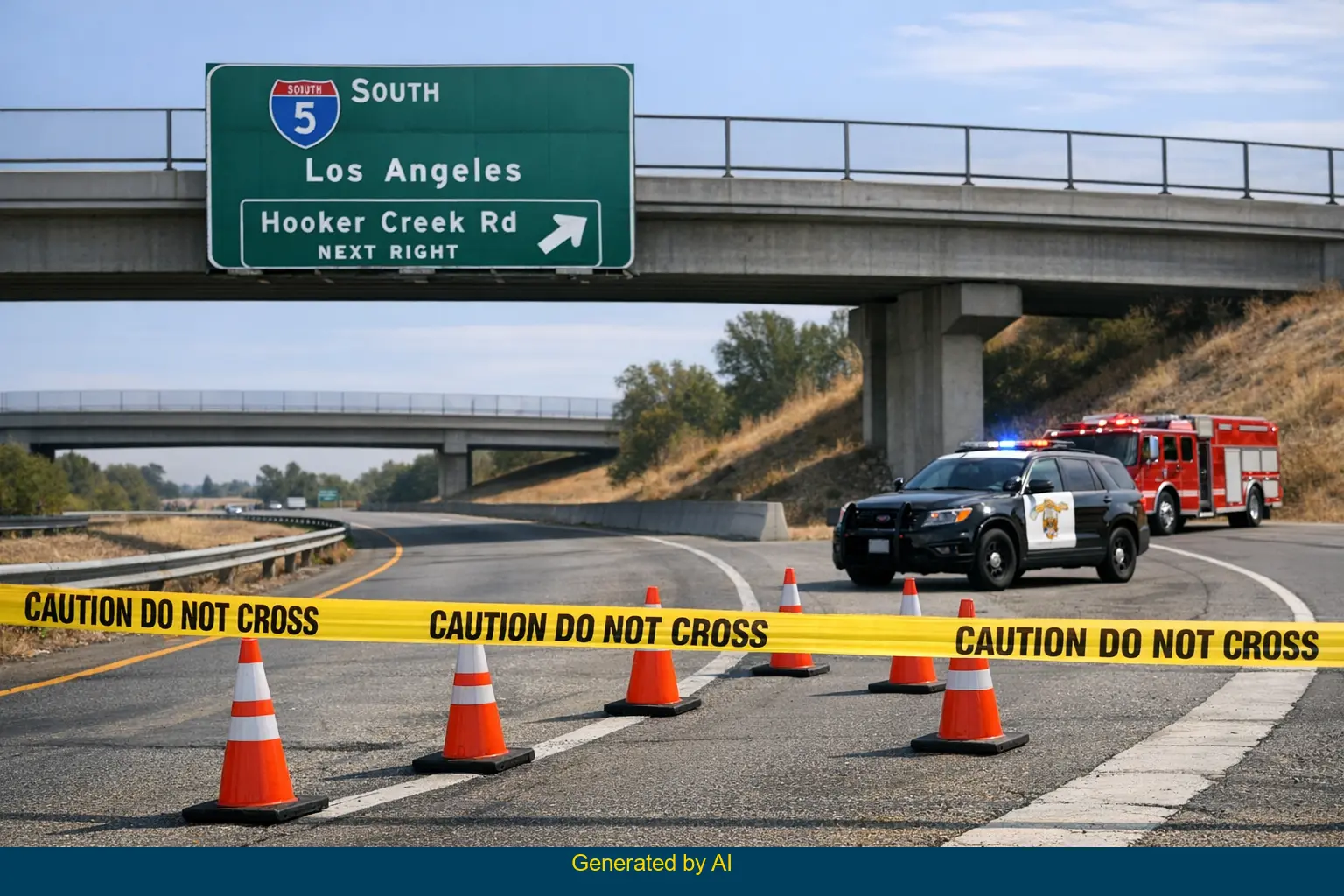 Emergency vehicles and police tape block I-5 south off-ramp at Hooker Creek after fatal crash