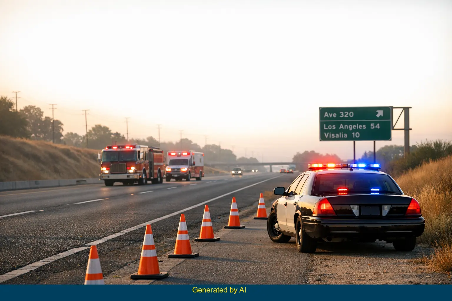 Emergency vehicles and traffic cones block Road 80 near Avenue 320 after a solo vehicle accident