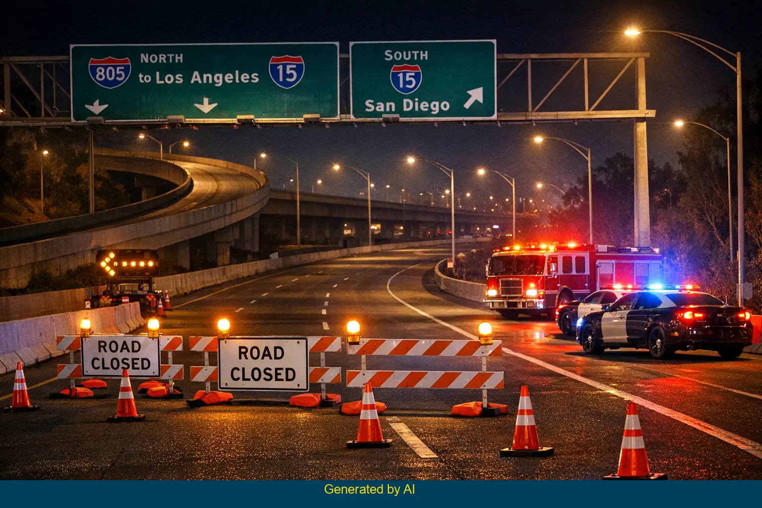 Emergency vehicles and road closure on SR-15 near I-805 split after vehicle fire accident