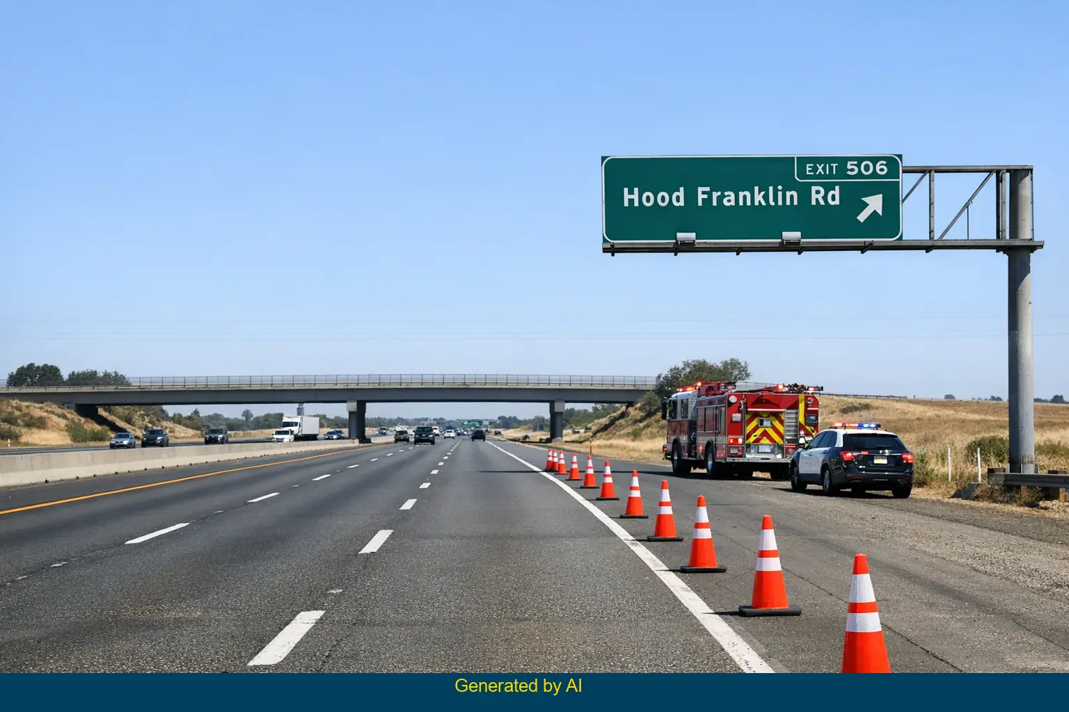 Emergency vehicles and lane closure on I-5 near Hood Franklin Road after fence and vehicle incident