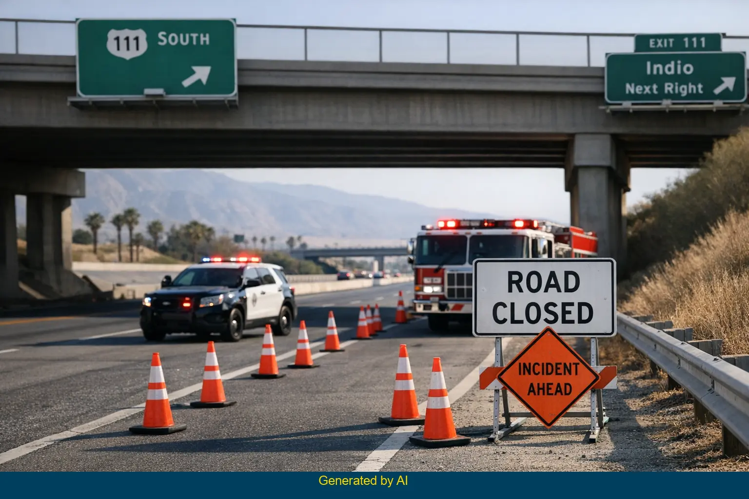 Emergency vehicles with flashing lights block State Route 111 on-ramp shoulder during incident response