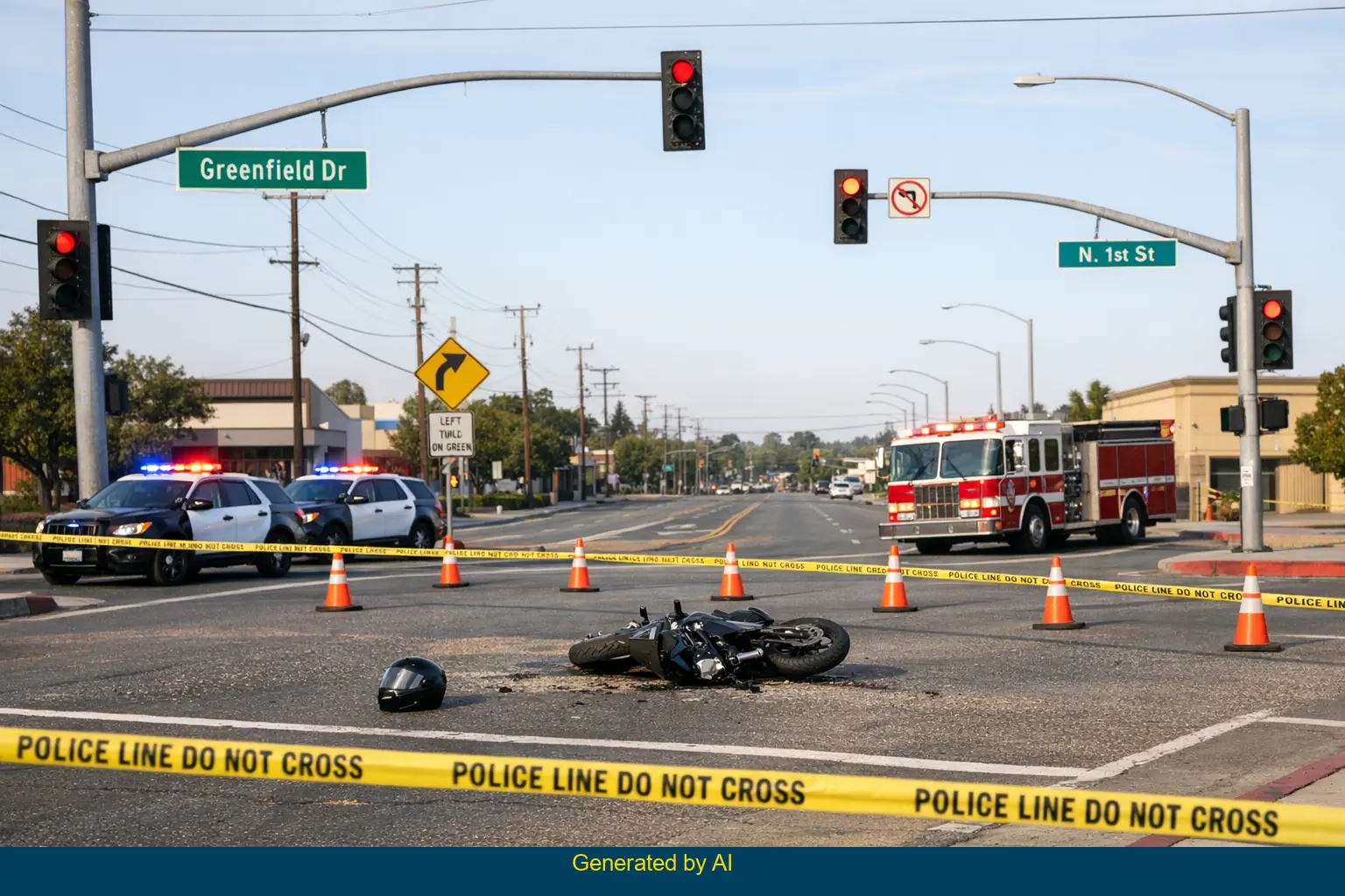 Motorcycle and trailer accident scene at Greenfield Dr and North 1st St intersection with emergency response vehicles