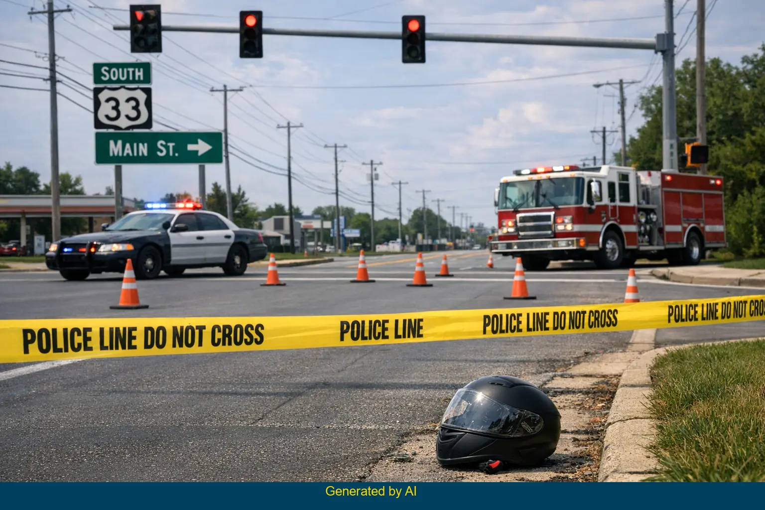 Police and emergency vehicles block State Route 33 at Main Street after motorcycle and vehicle crash