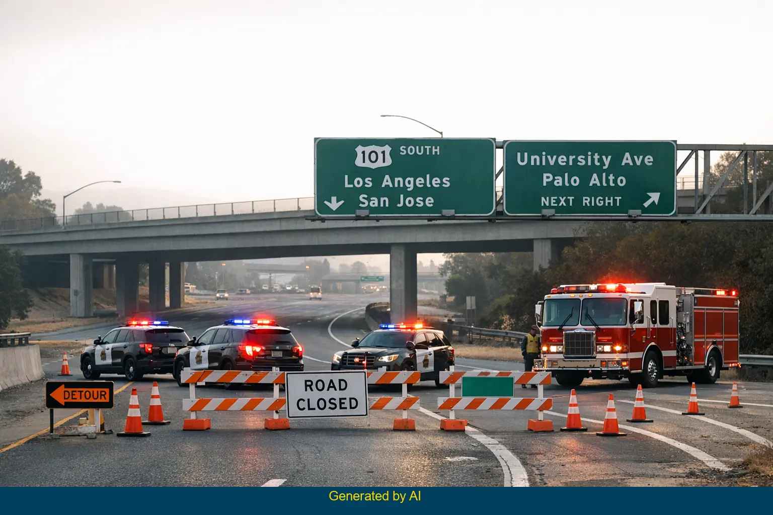 Emergency vehicles and traffic cones block southbound US 101 at University Avenue on-ramp after motorcycle accident
