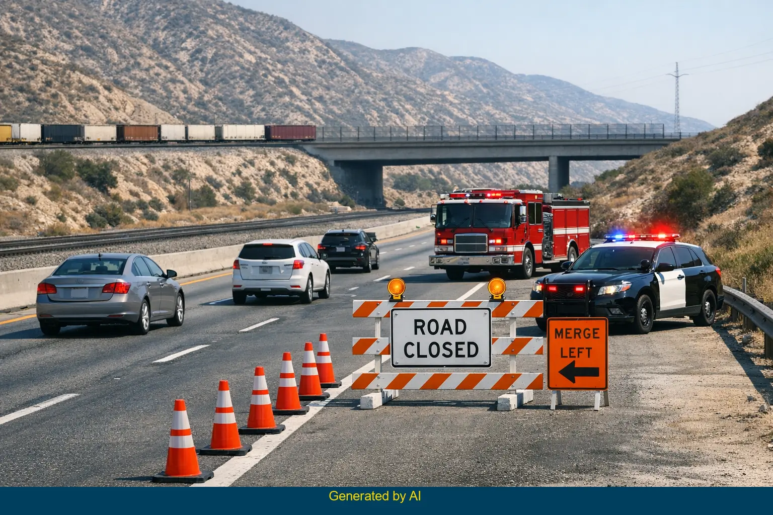 Emergency vehicles and road closure on I-15 southbound near Cleghorn Road after motorcycle crash