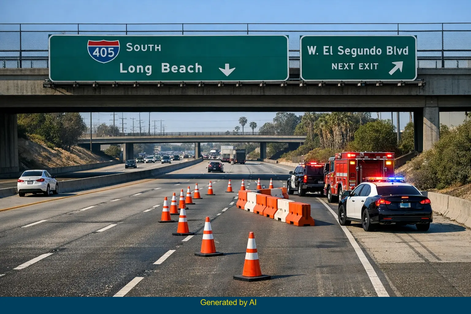 Emergency vehicles and traffic cones on I-405 near West El Segundo Boulevard after motorcycle crash