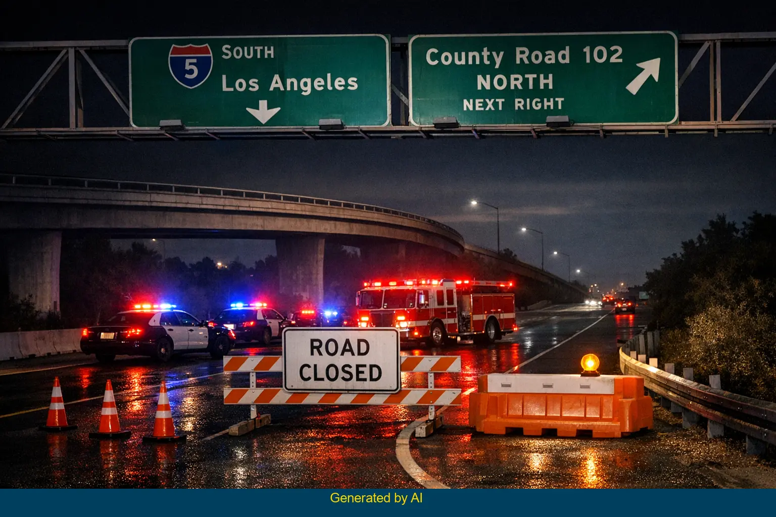 Nighttime scene showing I-5 southbound at County Road 102 on-ramp closed by emergency vehicles after motorcycle crash