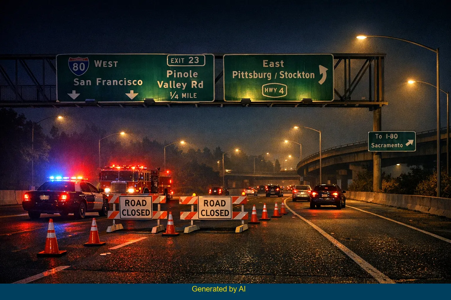 Emergency vehicles and road closure on I-80 westbound near Pinole Valley Road after multi-vehicle crash
