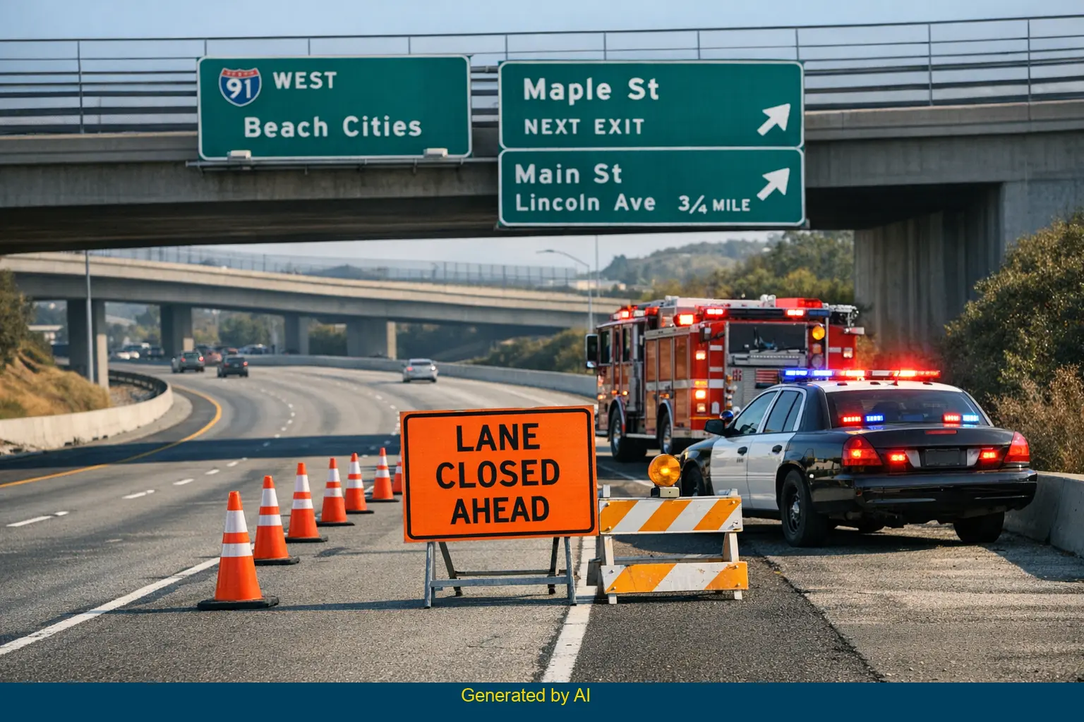 Emergency vehicles and traffic cones create a safety perimeter on State Route 91 after a multi-vehicle crash near Maple Street in Corona.