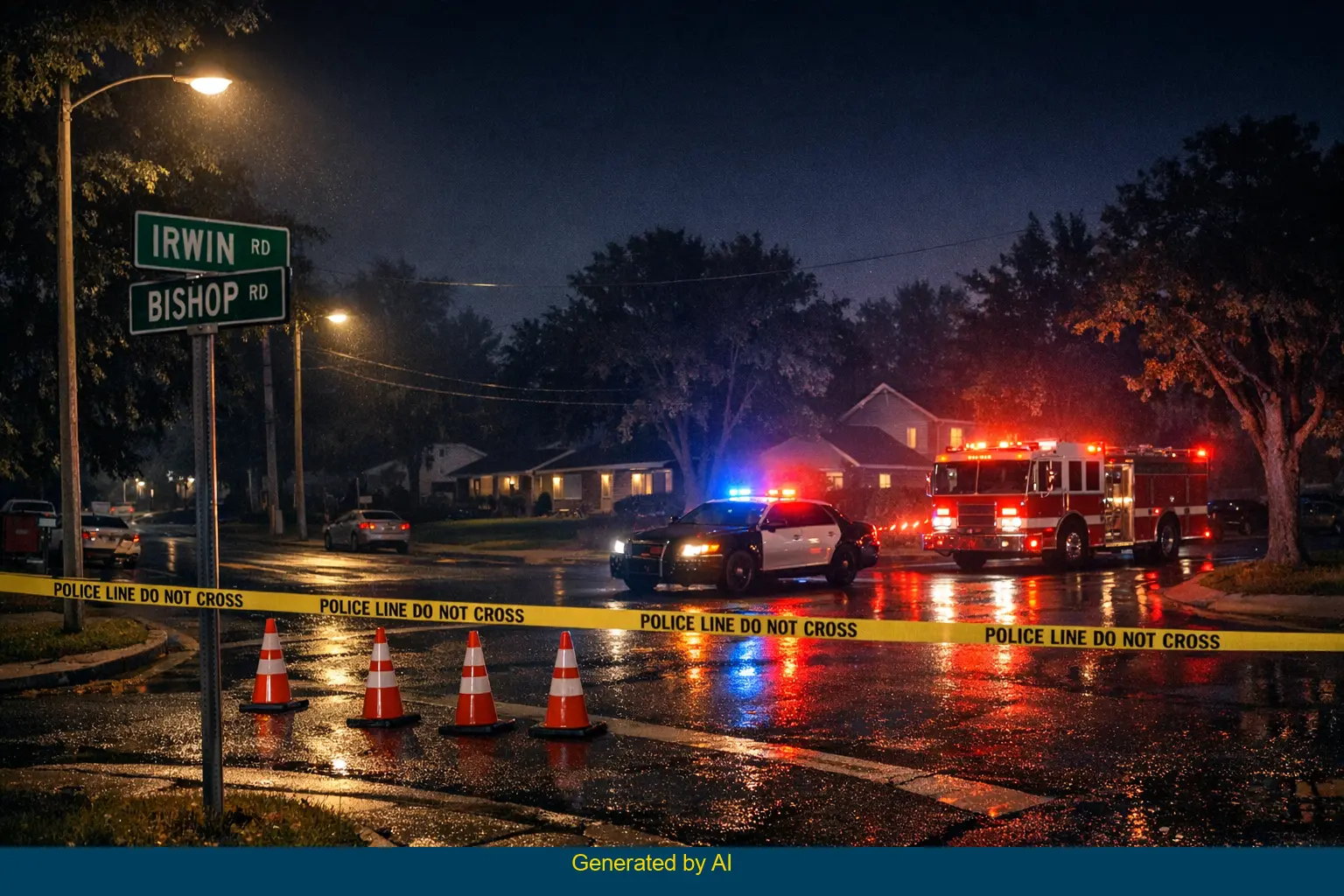 Nighttime emergency response at Irwin Road and Bishop Road after fatal crash, with police and fire vehicles present