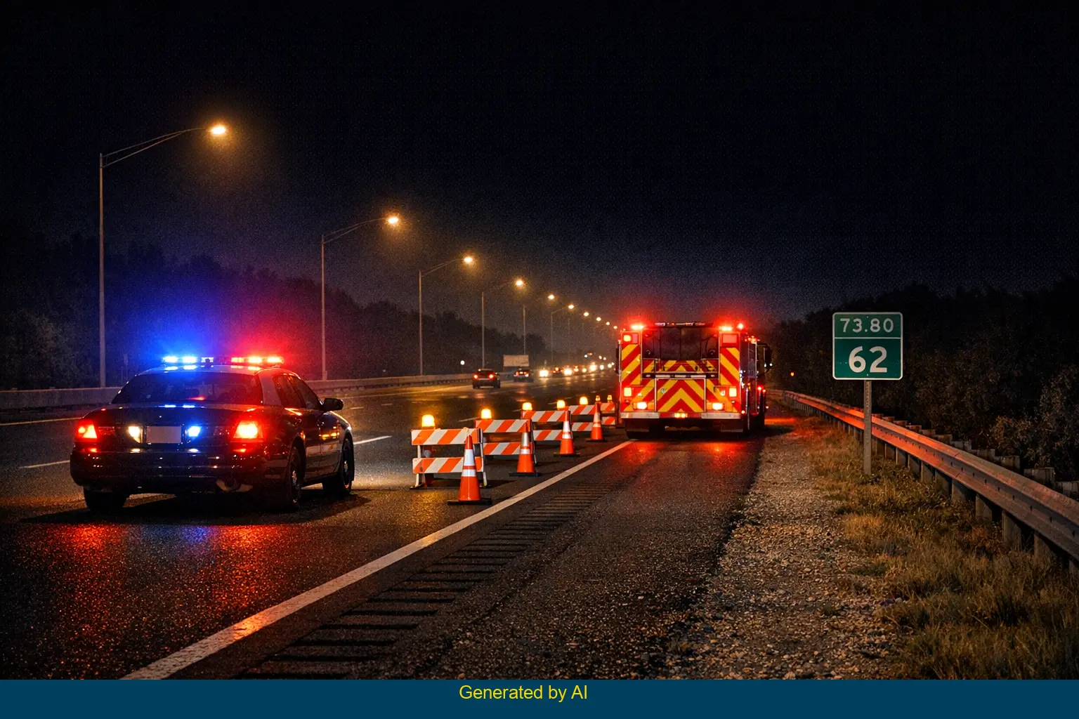 Emergency vehicles with flashing lights respond to a solo vehicle crash near mile marker 62 on Route 73.80 at night