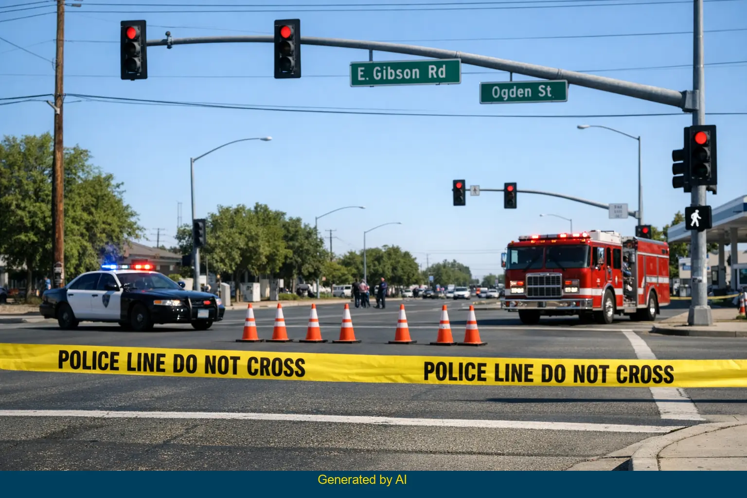 Emergency vehicles and police tape block East Gibson Road and Ogden Street after a one-vehicle collision in Woodland